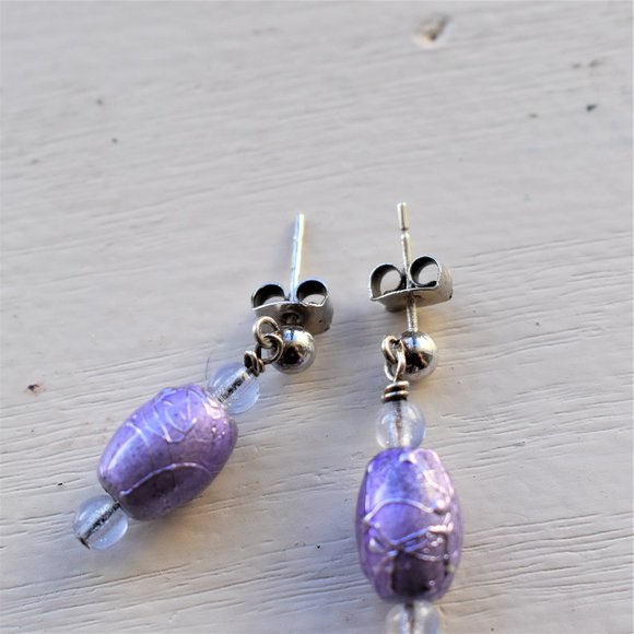 Purple Glass and Sterling Silver Dangle Earrings - Picture 4 of 5